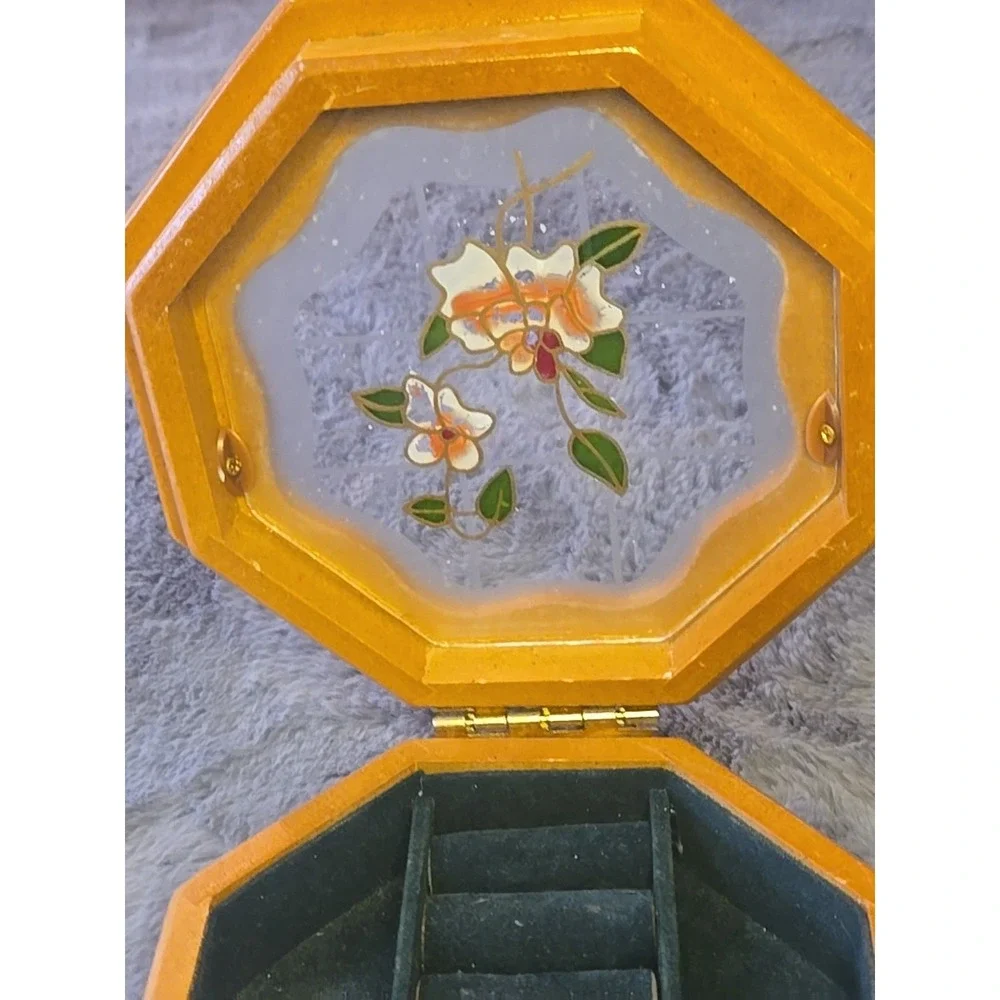 VTG Wooden Octagon Jewelry Box Floral Etched Glass Lid Mirror Inset Small 70s